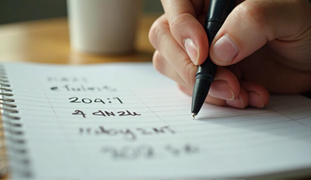 A student practicing active recall by writing answers from memory on notebook paper