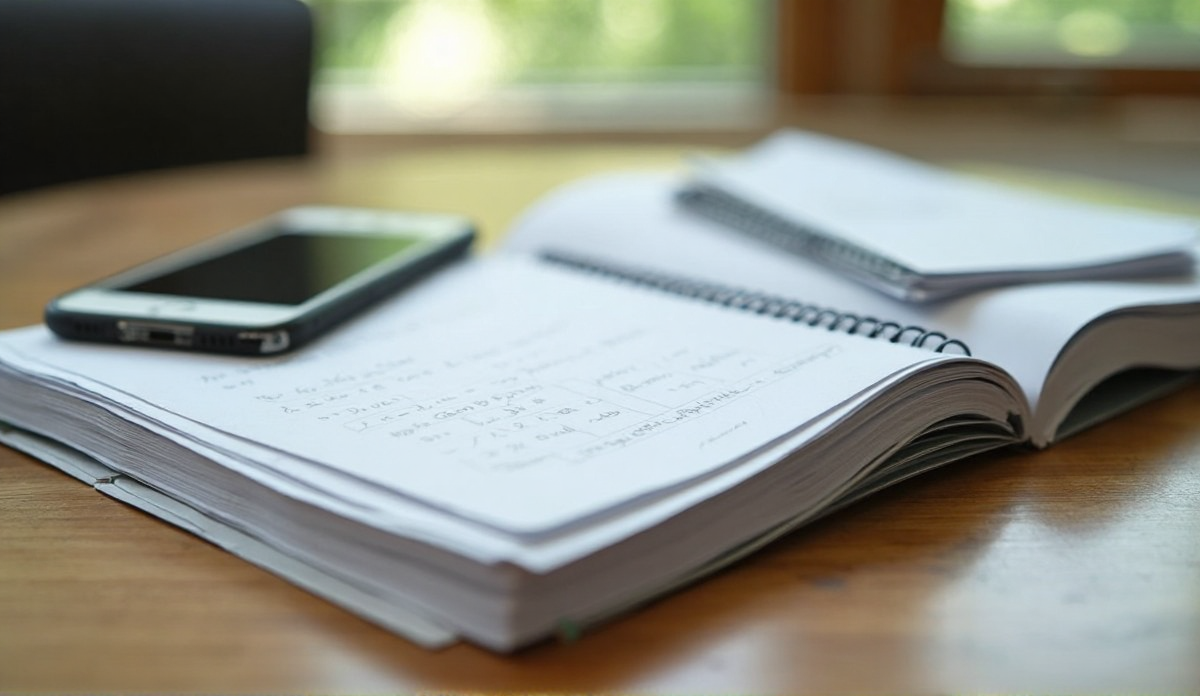An open notebook with handwritten notes and a phone resting on the page, on a wooden desk by a window