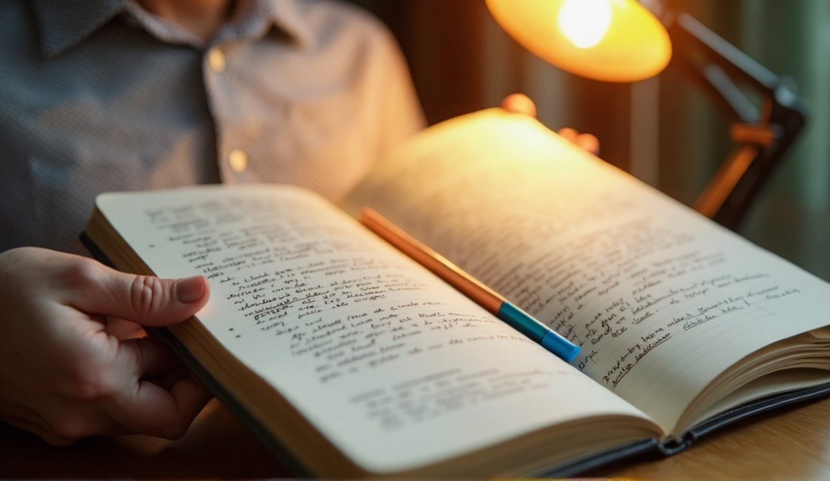 Hands holding an open notebook of handwritten notes with a pen across the page, under a warm desk lamp