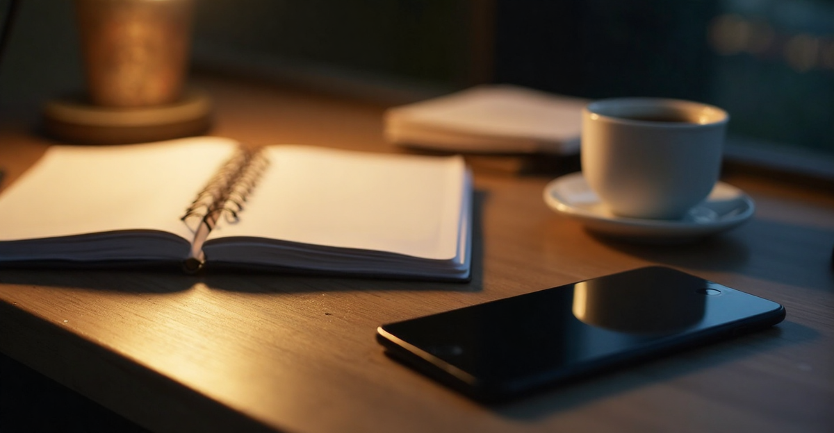 A black phone, an open notebook and a cup of coffee on a wooden desk in warm evening light.