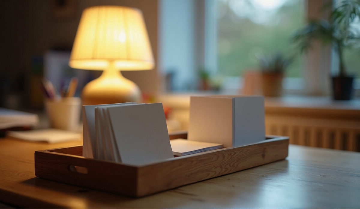 A desk lamp glowing over a neat row of index cards standing upright in a shallow wooden tray, a few blank cards in a small pile beside them, a notebook half open in the background out of focus
