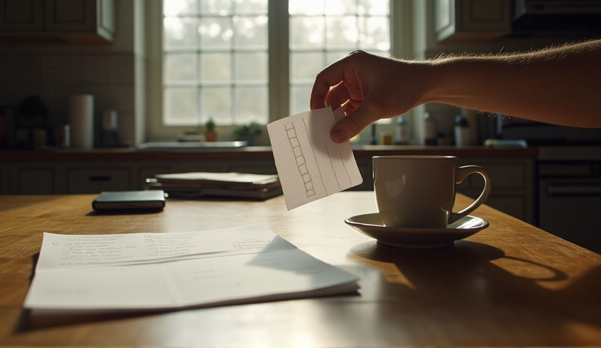 A person's hand flipping a handwritten index card on a kitchen table, a small printed checklist on paper beside it, a coffee mug, late afternoon light through a window across the table