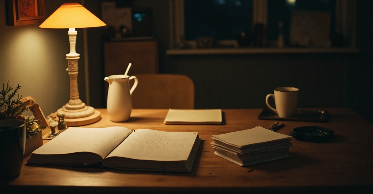 A quiet apartment kitchen table at night lit by a desk lamp, a stack of handwritten index cards fanned out beside an open planner, a phone face-down in the corner of the table, a mug of tea