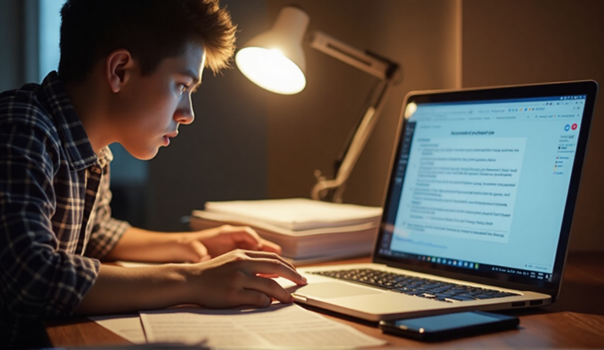 A student at a desk with a stack of lecture handouts, a smartphone nearby, and a laptop showing a flashcard app interface — warm desk lamp light