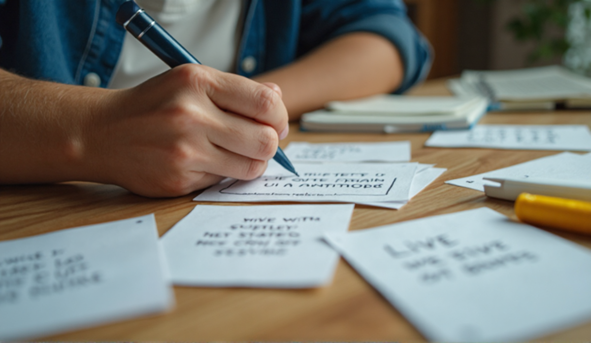 A student writing questions by hand on small index cards, a yellow highlighter and notebook scattered on a wooden desk