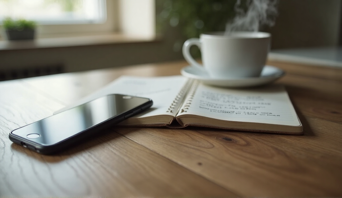 An iPhone set aside on a kitchen table next to an open notebook of handwritten notes and a steaming mug of coffee in soft morning light
