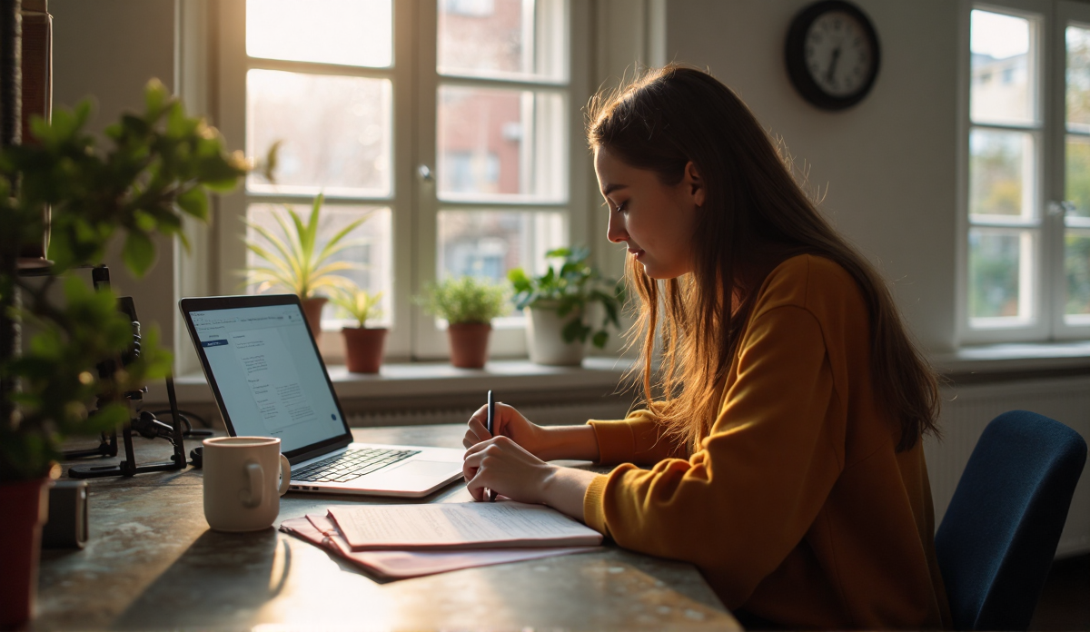 A student at a desk in the afternoon, soft warm window light filtering through a window, a laptop open to notes, a notebook with handwritten flashcards, a mug of tea