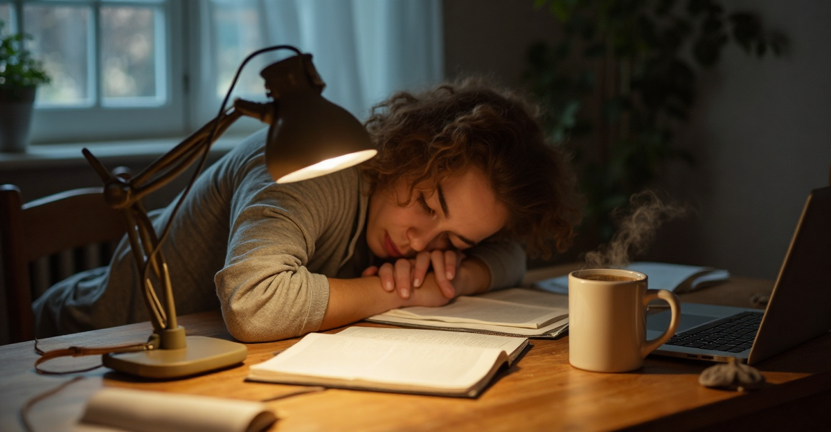 A student slumped at a kitchen table with a laptop and scattered notes, late evening, soft lamplight, a mug of tea beside an open textbook