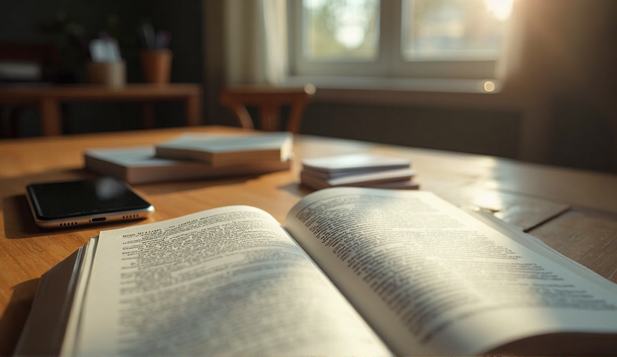 An open textbook with highlighted passages and margin notes, flashcards scattered across the desk beside a smartphone