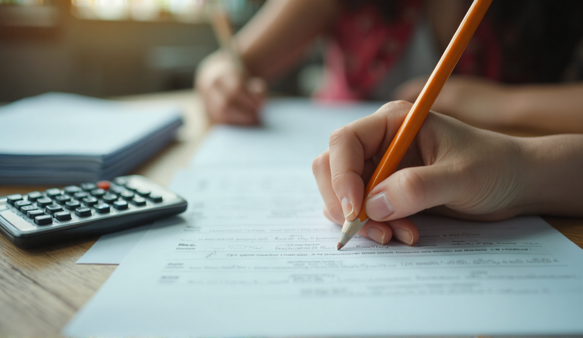 A student's hand holding an orange pencil over a lined exercise sheet on a wooden desk, with a scientific calculator and other sheets of paper nearby, soft window light