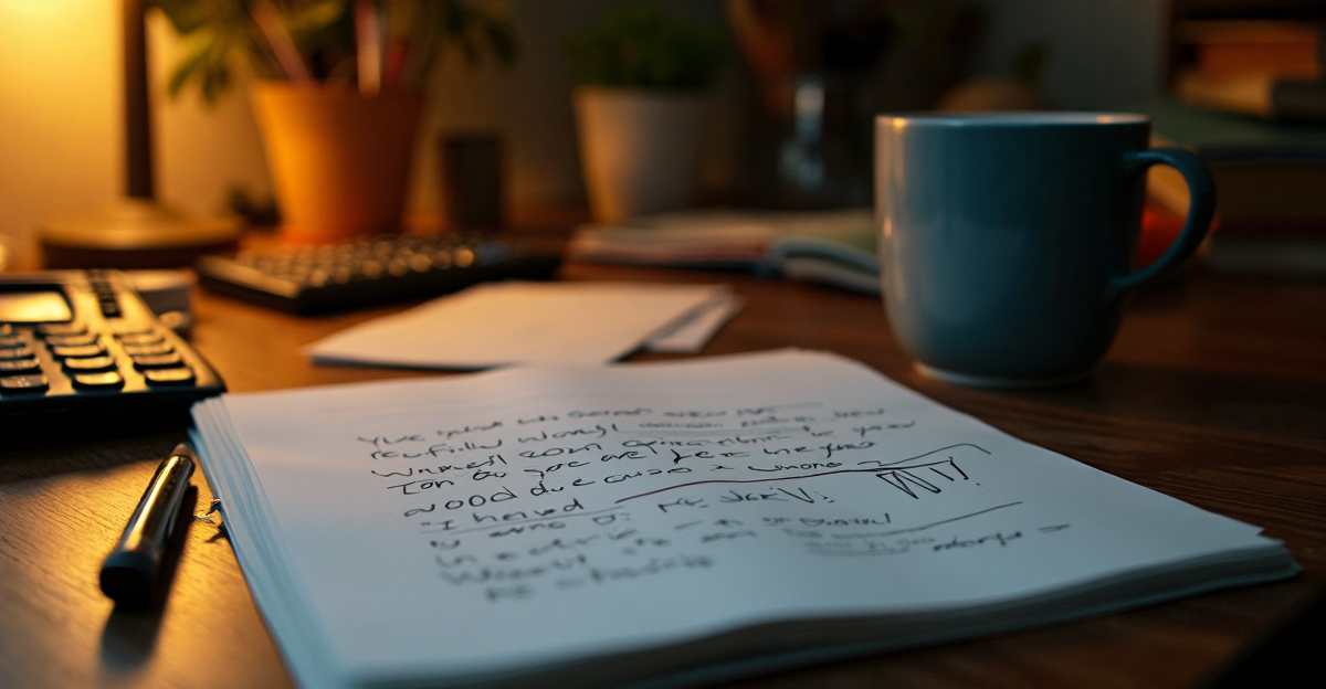 An open notebook with a page of handwritten working on a desk at night, a pen, a scientific calculator and a mug, in warm lamp light
