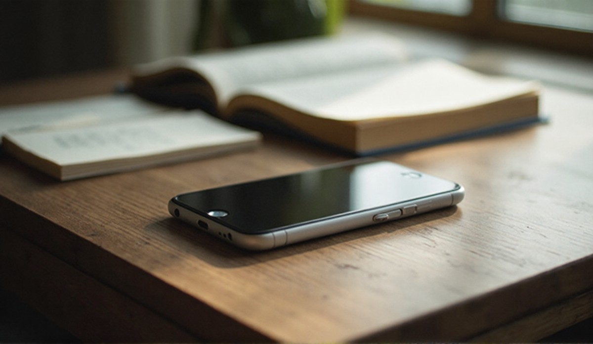 A phone lying face-down on a wooden desk next to a neat row of index cards, an open textbook page nearby, soft window light, a quiet study corner