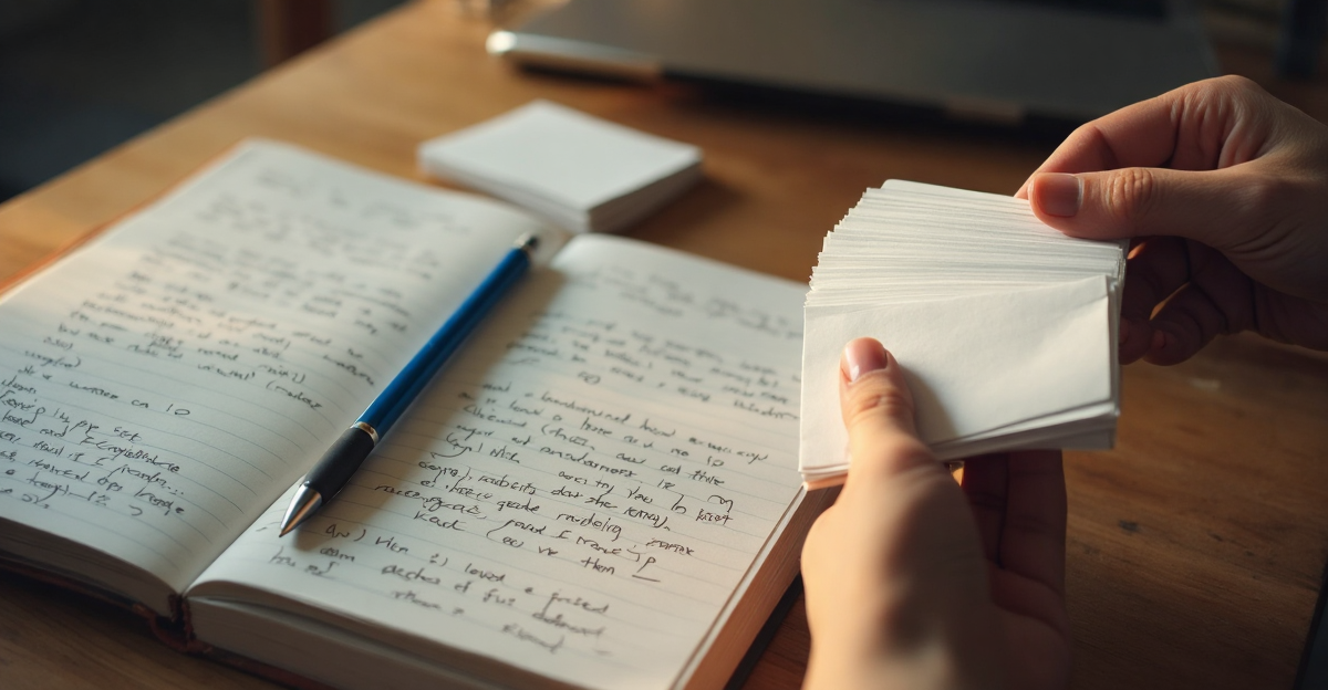 A wall planner or desk calendar at a student's desk with a hand writing a weekly plan in it, open notebooks and a stack of printed lecture notes beside it, a cup of coffee, late afternoon window light