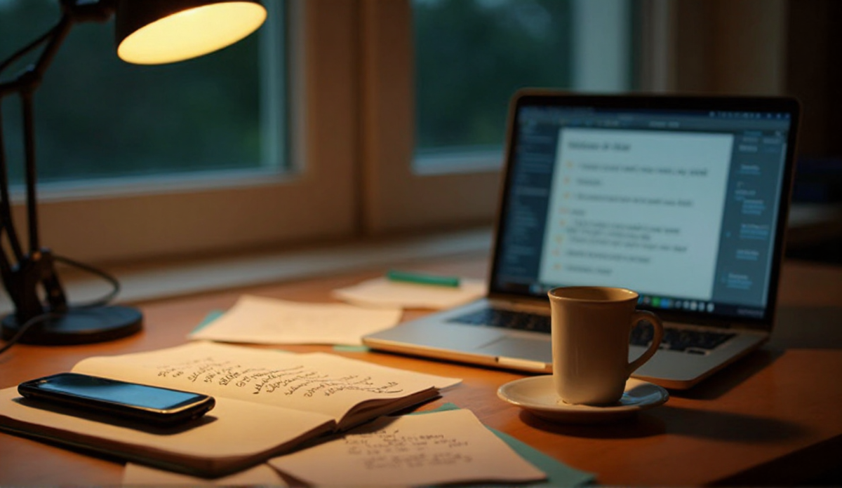 A laptop displaying lecture slides with sparse bullet points, a pen and notebook on the desk, a smartphone face-down beside it