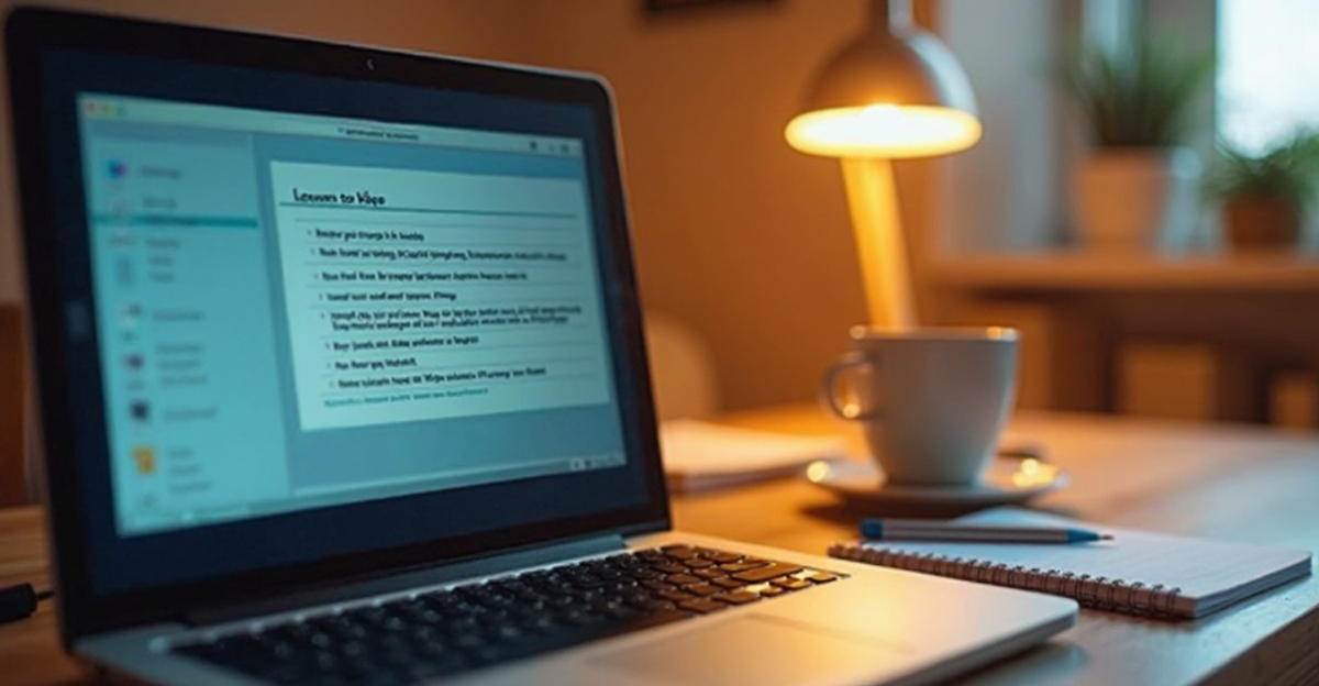 A laptop screen showing presentation slides with sparse bullet points, a pen and notebook beside it, warm lamp light, a coffee mug on the edge of the desk