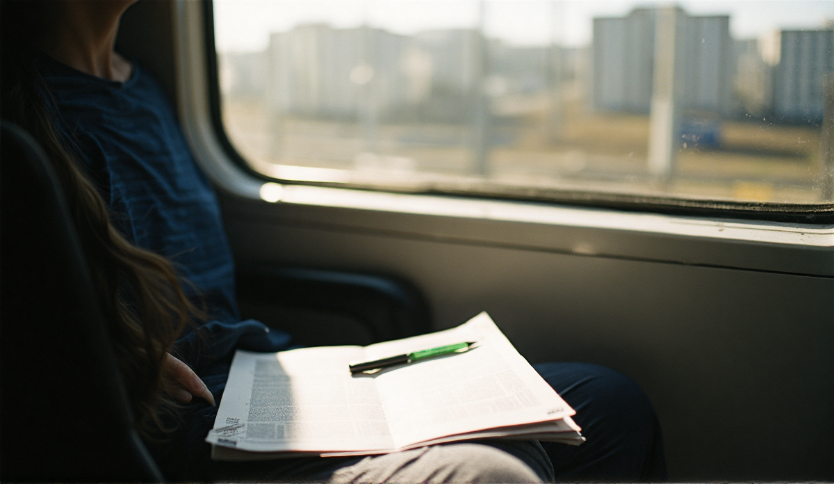 A printed article on a lap by a train window with a pen on the page, soft daylight and a blurred city outside