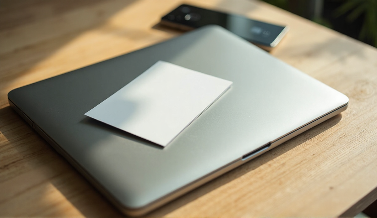 A closed silver laptop on a wooden desk with a single blank index card on top and a phone face-down beside it, warm afternoon light