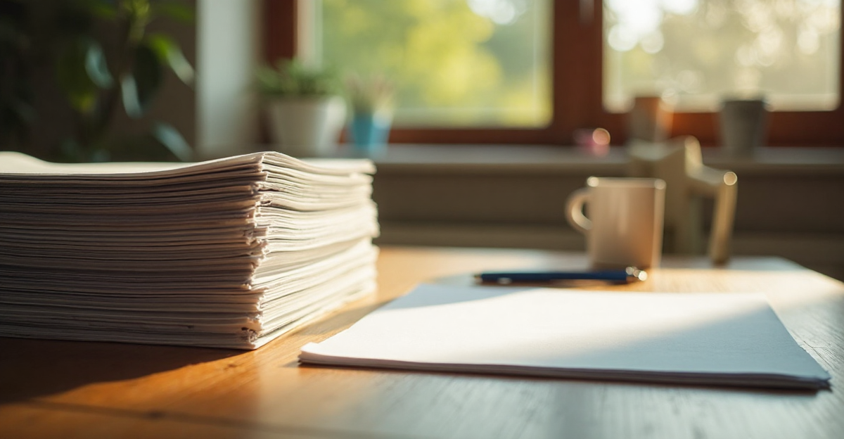 A stack of printed papers on a wooden kitchen table with one sheet laid flat, a blue pen, a mug, and a sunlit window behind, soft morning light.