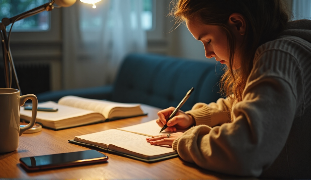A student at a desk writing an answer from memory on a ruled notebook, a smartphone lying face-down beside an open textbook, a mug of tea and a pen, warm desk-lamp light