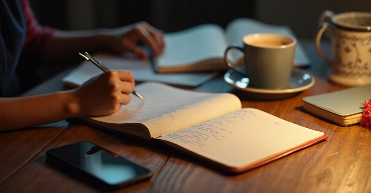 A student writing answers by hand from memory on a lined notebook at a wooden desk in warm evening light, holding a pen, a smartphone lying flat with its screen off in the foreground, a closed notebook with a red band, a pink flower and two mugs nearby