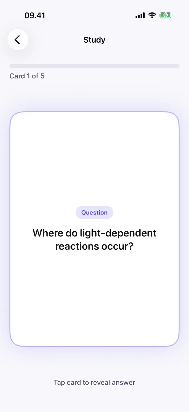 Study mode showing a flashcard question