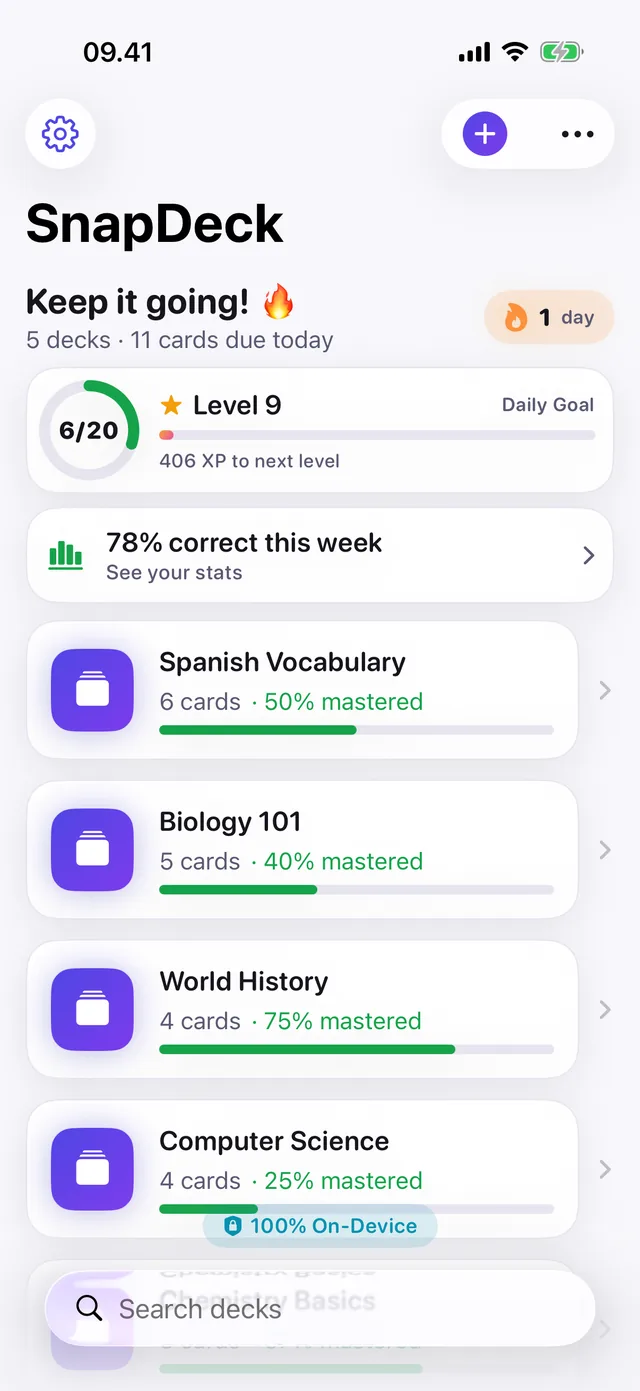 Deck list showing Spanish Vocabulary, Biology 101, World History and Computer Science with mastery percentages